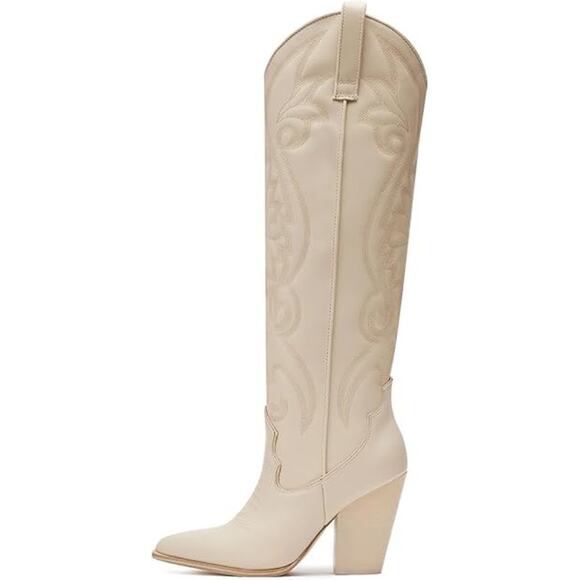 Vomira Womens Size 10 Cream Embroidered Knee High 4" Heel Cowboy Boot Shoes - Picture 1 of 8